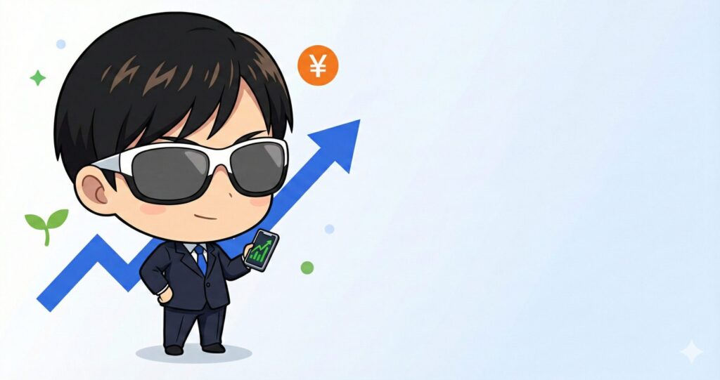 投資ブログ運営者の自己紹介 - 30代投資家がスマホで資産成長チャートを確認するイラスト