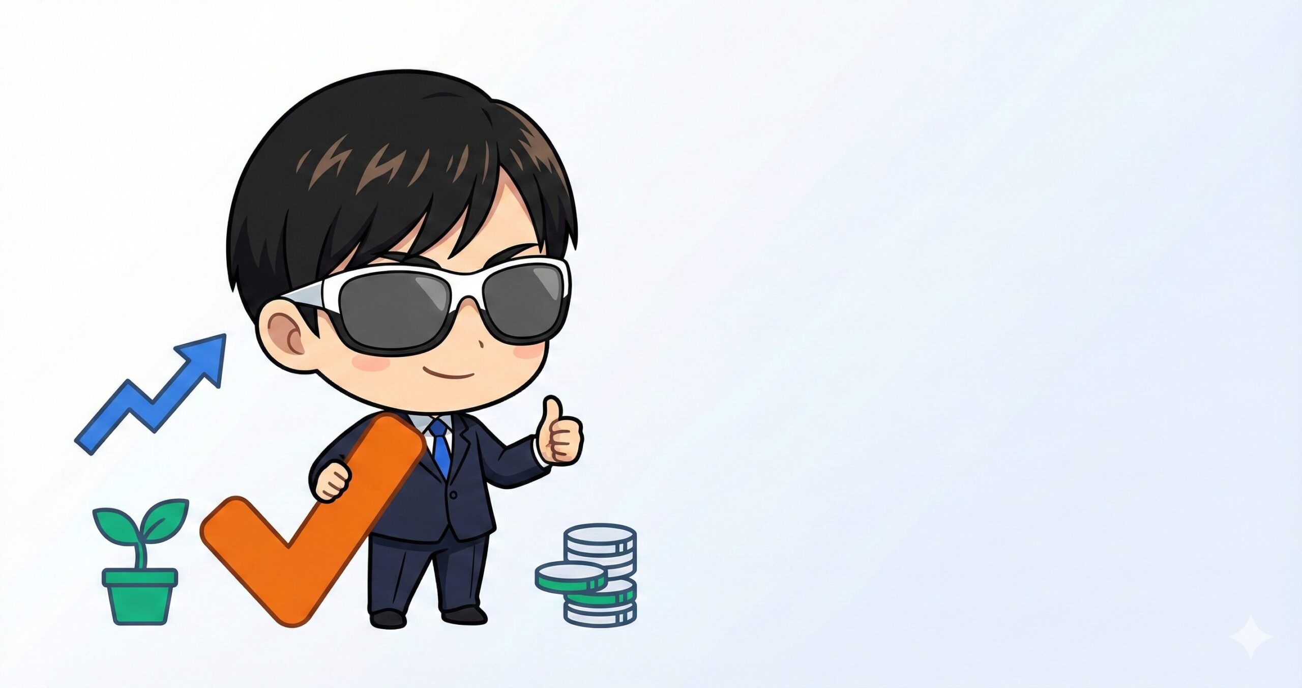 初心者が選ぶべき最適投資法の正解提示 - インデックス投資をチェックマークで推奨するキャラクターと成長チャートのイラスト