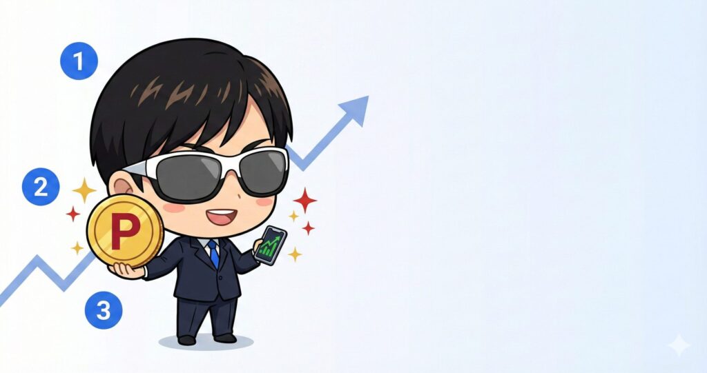 楽天証券を実際に使用する投資家の推奨理由解説 - 楽天ポイント還元と新NISA活用をスマホとコインで示すキャラクターイラスト