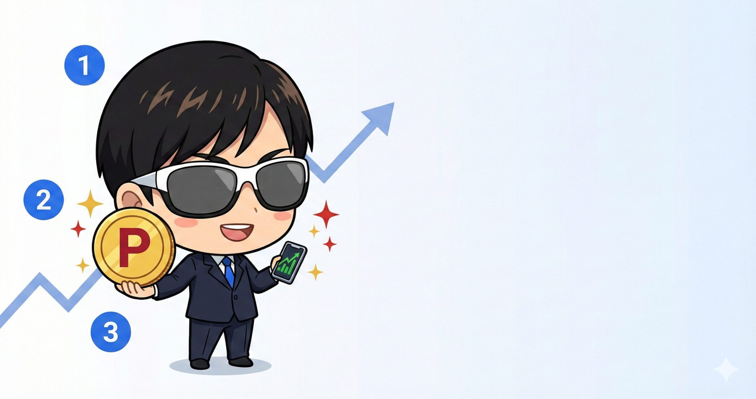 楽天証券を実際に使用する投資家の推奨理由解説 - 楽天ポイント還元と新NISA活用をスマホとコインで示すキャラクターイラスト