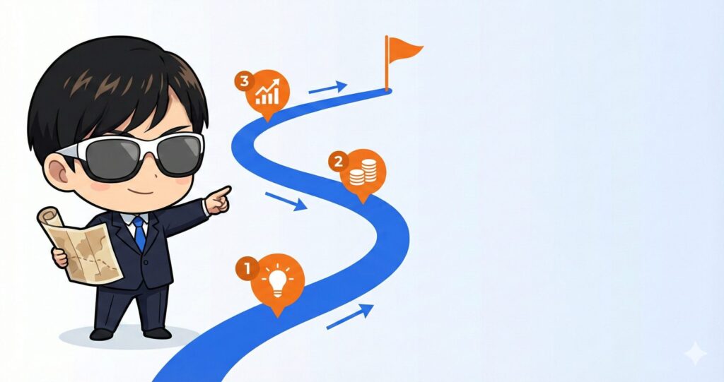 投資初心者向け完全ロードマップガイド - 知識ゼロから投資家デビューまでの3ステップを道筋とマイルストーンで示すキャラクター案内イラスト