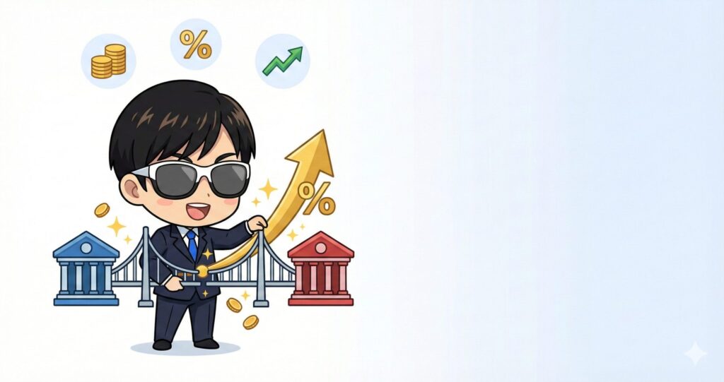 楽天マネーブリッジ設定ガイド - 楽天証券と楽天銀行の連携で普通預金金利0.28%になる仕組みと設定方法をキャラクターと架け橋で視覚化したイラスト