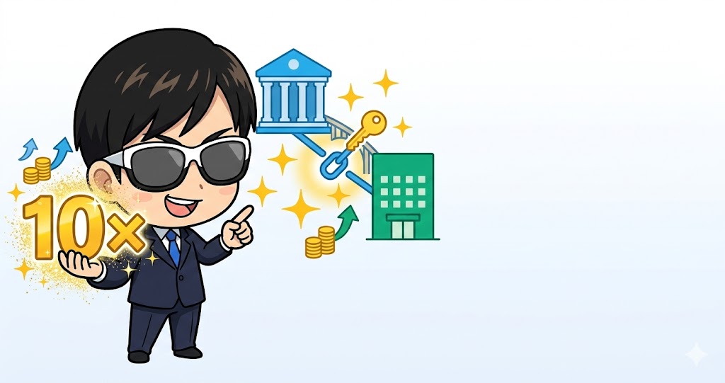 住信SBIネット銀行SBI証券連携ハイブリッド預金ガイド - 普通預金金利10倍の裏技をキャラクターとゴールドキーで示すイラスト