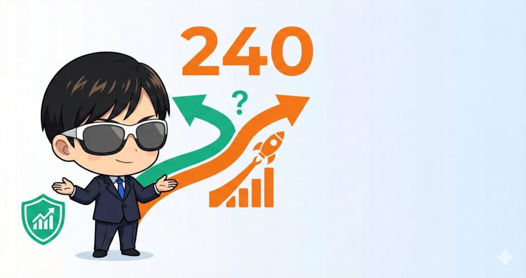 新NISA成長投資枠活用ガイド - 年間240万円枠で選ぶべき2つの正解パターン（堅実派・積極派）をキャラクターが提示する投資戦略イラスト