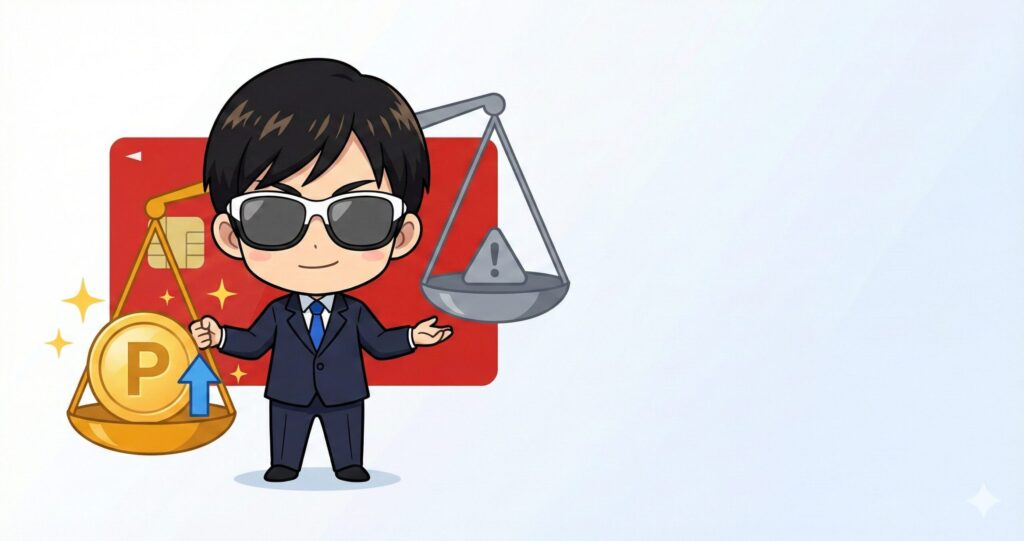 楽天カード5年使用本音レビュー - ポイント還元メリットとデメリットを天秤で公平評価し実体験から推奨するキャラクターイラスト