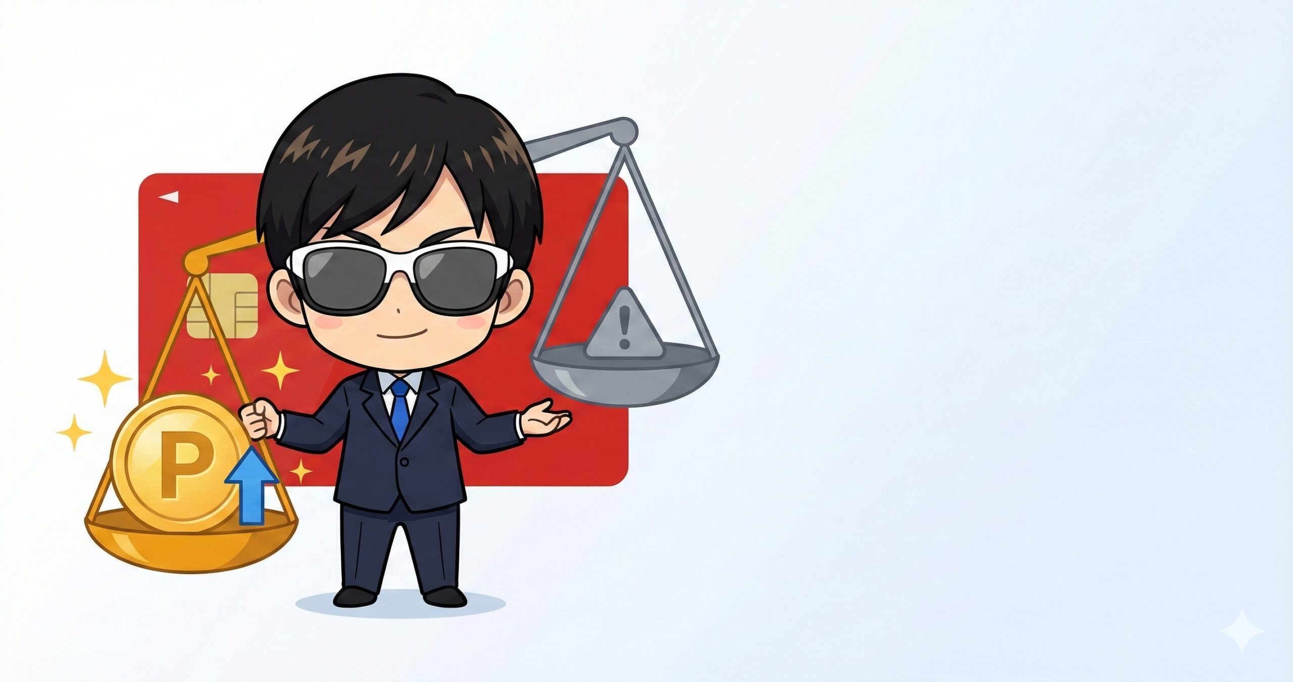 楽天カード5年使用本音レビュー - ポイント還元メリットとデメリットを天秤で公平評価し実体験から推奨するキャラクターイラスト