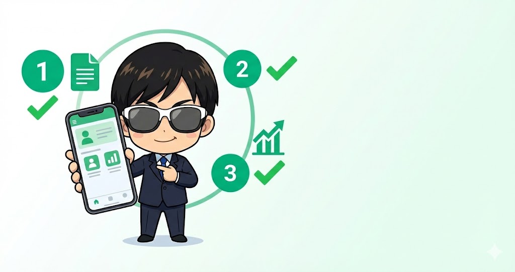 SBI証券新NISA口座開設完全ガイド - スマホで完結する口座開設から積立設定までの3ステップをキャラクターとスマホ画面で示す実践イラスト